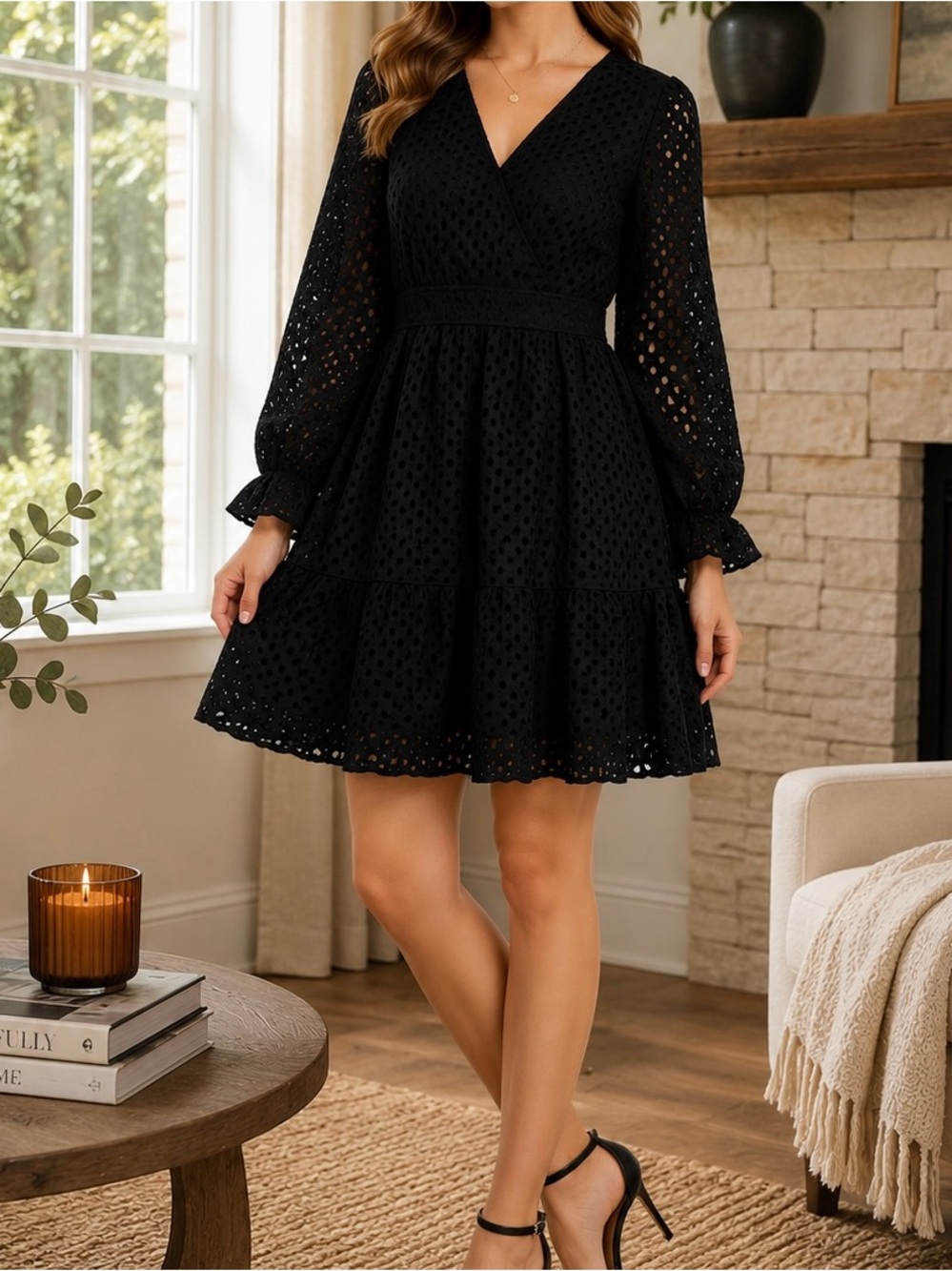 PrettyGarden Black Eyelet Lace Long Sleeve Tiered Mini Dress Women’s Medium